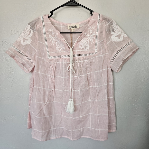 Listicle Tops - Listicle NWT Women's Small Light Pink Embroidered Blouse Window Pane Plaid Top